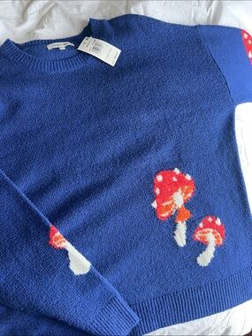 Hooked Up by IOT Cobalt Blue Novelty Sweater with mushrooms